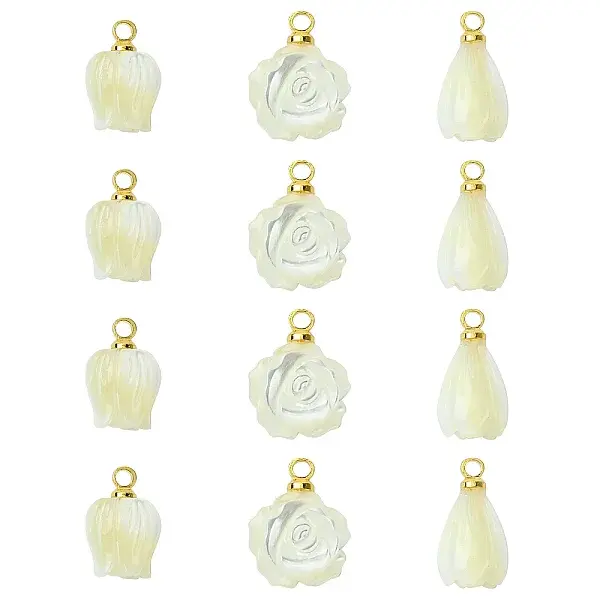 12Pcs 3 Styles Natural Shell Carved Flower Charms