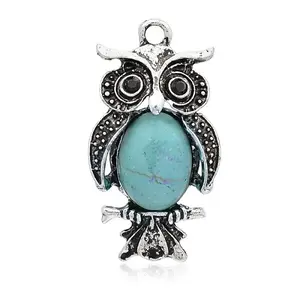 Antique Silver Plated Halloween Owl Alloy Dyed Synthetic Turquoise Pendants