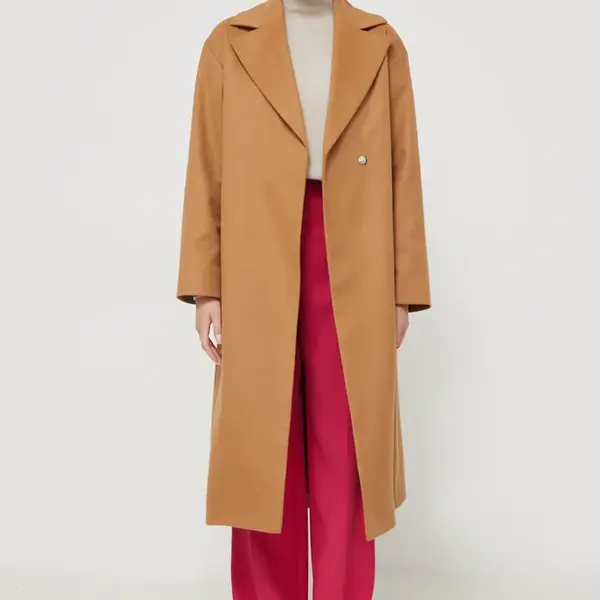 Vlněný kabát HUGO hnědá barva, přechodný