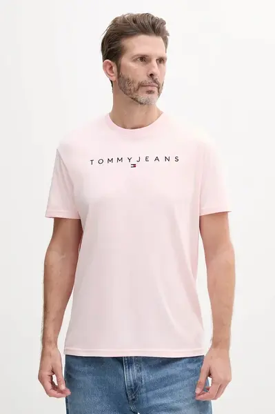 Bavlněné tričko Tommy Jeans růžová barva, s aplikací, DM0DM20744