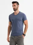 Ombre Men's BASIC classic cotton T-shirt with a serape neckline - blue melange