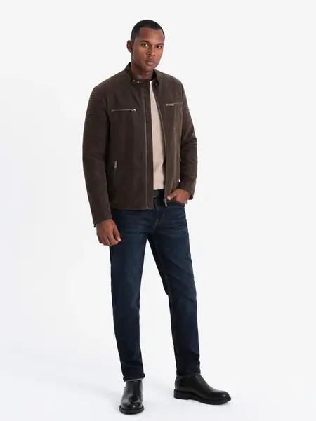 Ombre Men's retro biker jacket with stand-up collar - brown