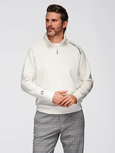 Ombre Men's sweatshirt with unbuttoned high collar and contrasting print - ecru