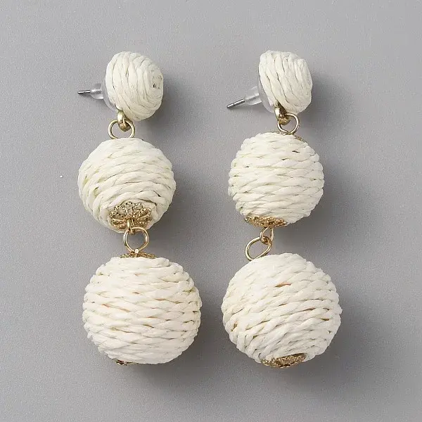 Raffia Grass Round Ball Dangle Stud Earrings