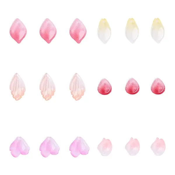 30Pcs 6 Styles Baking Painted Transparent Glass Petal Beads