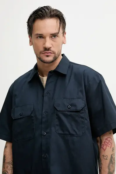 Košile Dickies pánská, tmavomodrá barva, regular, s klasickým límcem