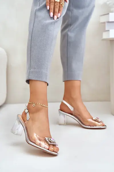 Transparent sandals with a brooch on a heel D&A silver