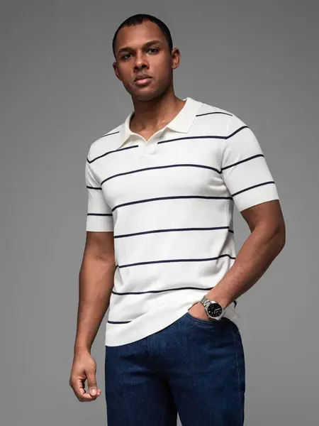 Ombre Men's horizontal striped viscose polo shirt - white and navy