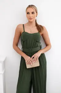 Pleated jumpsuit with khaki straps