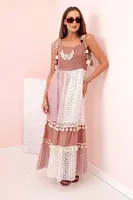 Kesi Włoski Dámske boho šaty s ramienkami s výšivkou a čipkou ťava