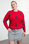 Trendyol Curve Red Embroidered New Year's Themed Knitwear Sweater