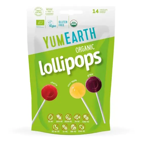 YUMEARTH Kyslé lízanky s príchuťou jablka, čerešne a hrozna BIO 14 kusov