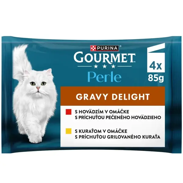 Gourmet Perle Gravy Delight kapsičky pre mačky kura, hovädzie v omáčke 4×85 g