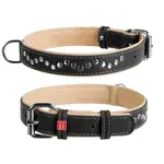 Plochý kožený obojok Soft čierno béžový vybíjaný, Obvod krku: dĺžka: 38 - 49 cm, širka: 25 mm