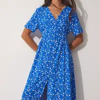 Happiness İstanbul Dámské modré květinové letní viskózové šaty s knoflíky