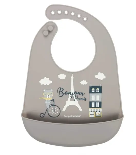 Silikónový podbradník s vreckom, Bonjour Paris - sivý