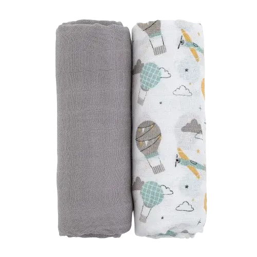 PETITE&MARS Prikrývka bambusová mušelínová Misty Grey Planes 2v1, 120 x 120 cm 2 ks