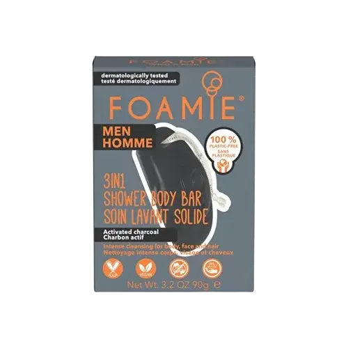 FOAMIE What A Man 3v1 Body Bar, Pánska sprchová starostlivosť na tvár, telo a vlasy 90 g