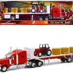 Peterbilt 389 Flatbed Truck Red with Farm Tractor Red and Hay Bales "Long Haul Trucker" Series 1/32 Diecast Model by New Ray