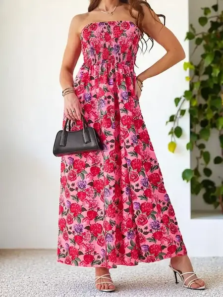 Resti Patterned women's midi dress without sleeves with a wide elastic band and slits at the bottom