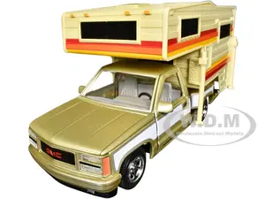 1992 GMC Sierra GT Pickup Truck Gold Metallic with White Sides with Camper Shell "American Classics" Series 1/24 Diecast Model Car by Motormax