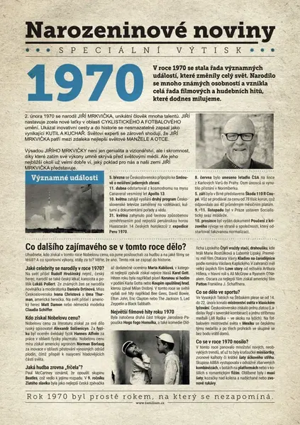 Narozeninové noviny 1970 s vlastním textem a fotografií, S fotografií a textem