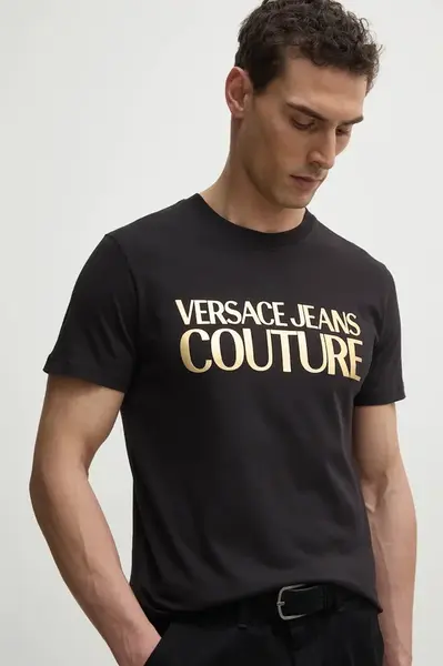 Bavlněné tričko Versace Jeans Couture černá barva, s potiskem, 78GAHT05 CJ00T