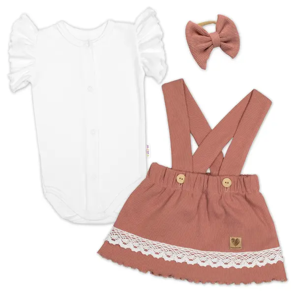 Baby Nellys 3D sada LADY, body kr. rukáv, suknička s láclem, čelenka, starorůžová/bílá, 68