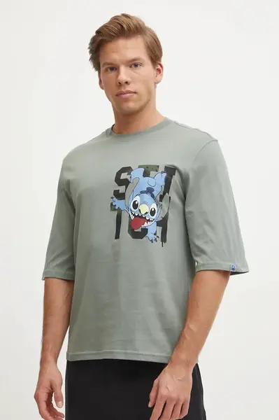 Bavlněné pyžamové tričko United Colors of Benetton LILO&STITCH zelená barva, s potiskem, 30964M01Y