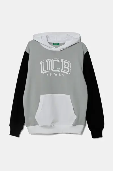 Dětská bavlněná mikina United Colors of Benetton šedá barva, s kapucí, s potiskem, 3UNIC204R
