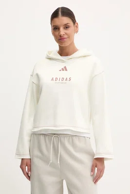 Mikina adidas ALL SZN Graphic dámská, béžová barva, s kapucí, s potiskem, JJ4517