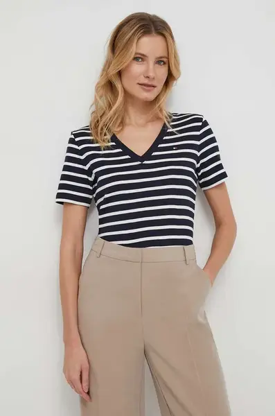 Bavlněné tričko Tommy Hilfiger dámské, tmavomodrá barva, WW0WW40584