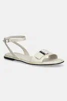 Kožené sandály Calvin Klein FLAT SANDAL W/CK HW - LTH dámské, béžová barva, HW0HW02367