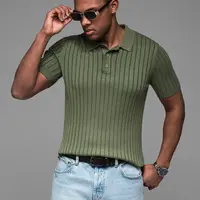 Ombre Men's SLIM FIT viscose vertical stripe polo shirt - olive