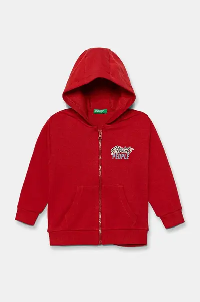 Dětská bavlněná mikina United Colors of Benetton červená barva, s kapucí, vzorovaná, 3J68G503Y
