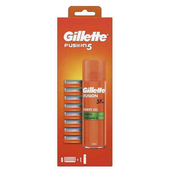 GILLETTE Fusion5 Náhradní hlavice 8 ks + Fusion Gel na holení 200 ml