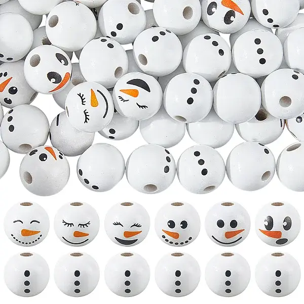 Christmas Snowman Theme Printed Wood European Beads