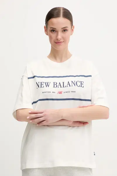 Bavlněné tričko New Balance béžová barva, WT51910SST