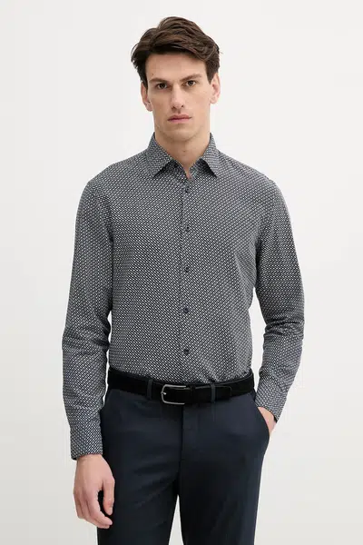 Lněná košile BOSS pánská, tmavomodrá barva, regular, 50539532