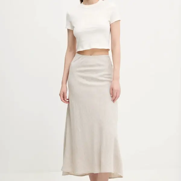 Lněná sukně Abercrombie & Fitch béžová barva, midi, áčková, KI143-5058