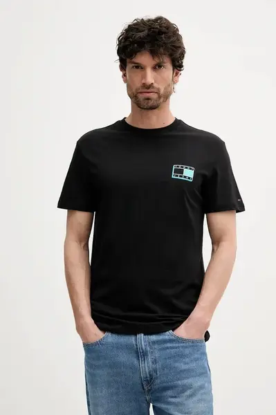 Bavlněné tričko Tommy Jeans pánské, černá barva, s potiskem, DM0DM21577