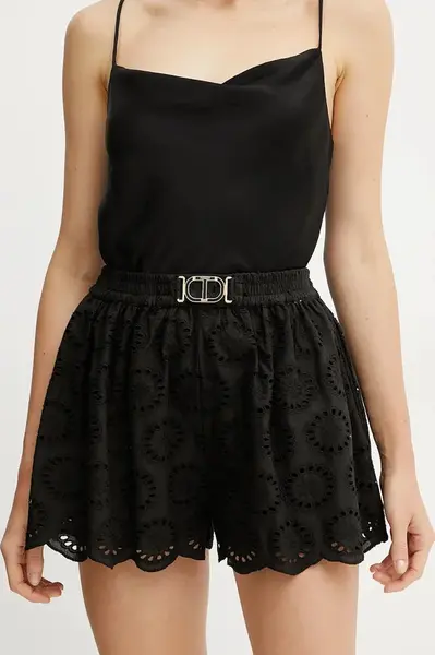Bavlněné šortky Twinset dámské, černá barva, vzorované, high waist, 251TT2363