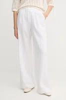 Lněné kalhoty OUI dámské, bílá barva, široké, high waist, 92821