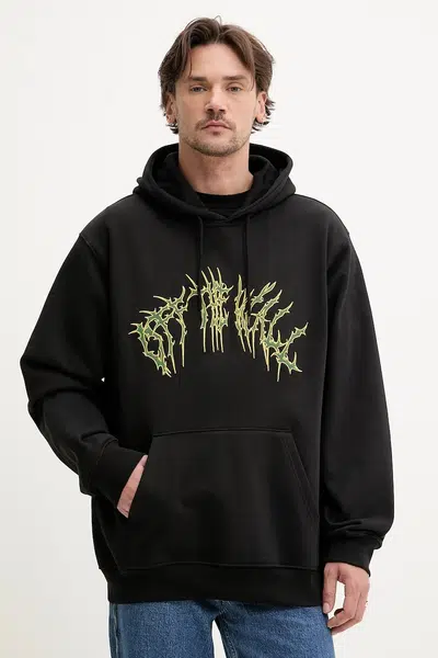 Bavlněná mikina Vans pánská, černá barva, s kapucí, s aplikací, VN000M1NBLK1