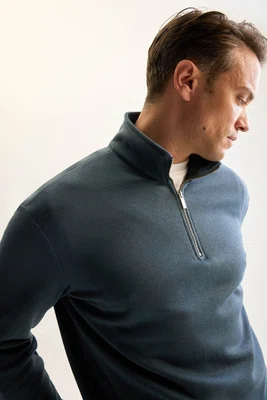 DEFACTO Men's Blue 3 Thread Cotton Raised Polar Fleece Regular Fit Stand Collar Zippered Thick Sweatshirt