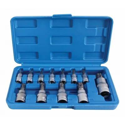 Zástrčné hlavice TORX-TS s otvorem 1/4", 3/8" a 1/2", TS8-TS60, sada 12 ks - SATRA