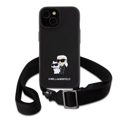 Zadní kryt Karl Lagerfeld Saffiano Crossbody popruh Metal Karl and Choupette pro Apple iPhone 15, černá