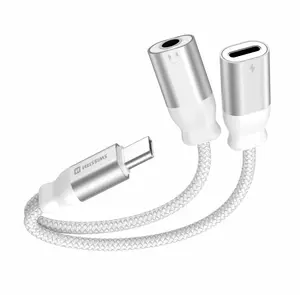 Nabíjecí audio adaptér Swissten Textile USB-C (samec) / USB-C (samice) a 3,5mm AUX 0,12m bílá