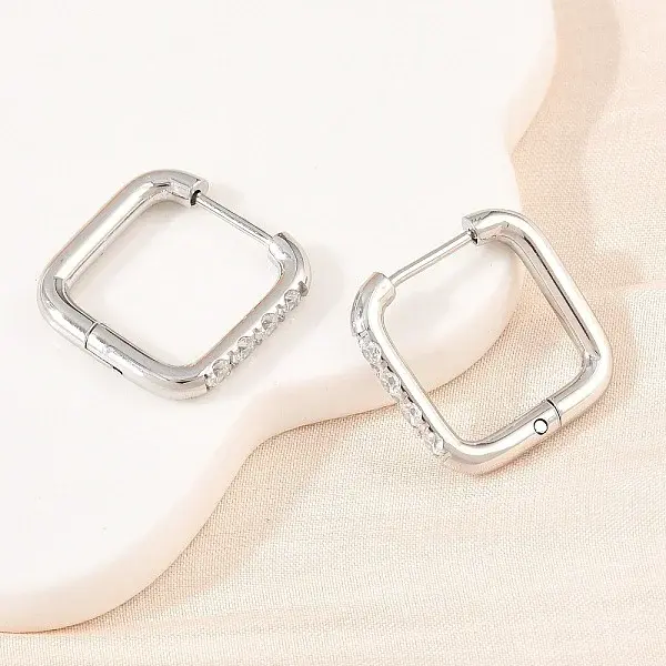 304 Stainless Steel Clear Cubic Zirconia Square Hoop Earrings