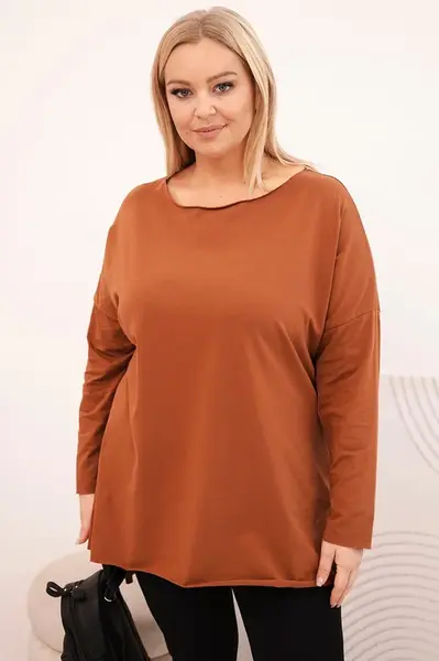 Kesi Dámská blůza Plus Size asymetrická s dlouhým rukávem tmavě camelová